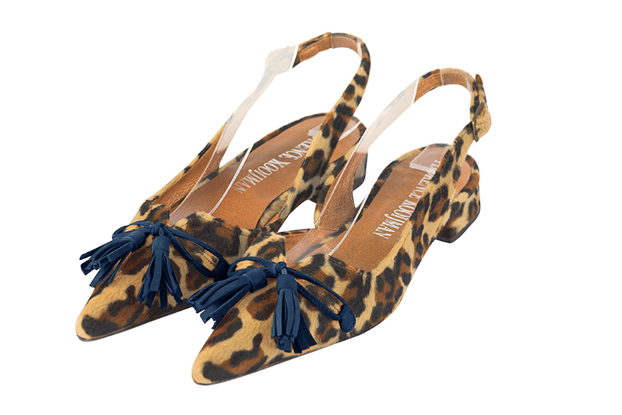 Animal print and navy blue elegant slingback heels, with a bow on the front. Pointed toe. Flat flare heels.